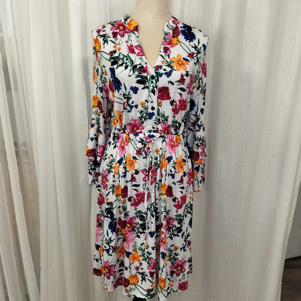 2/$30 Robert Louis Vibrant‎ Floral Midi Dress Flare Sleeves Size M